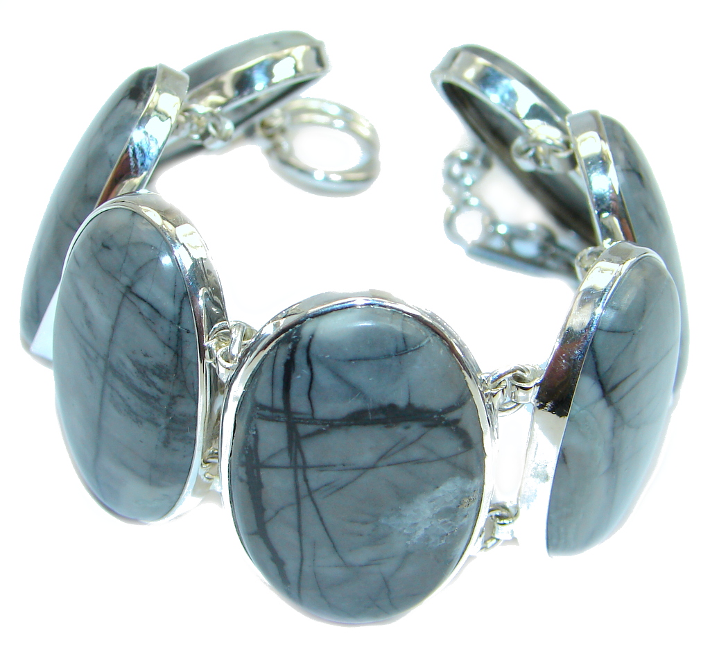 Rare Vintage Sterling Silver & Carved Jasper Link Bracelet