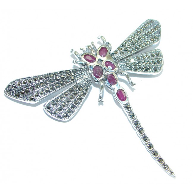 Huge Dragonfly Red Ruby Marcasite 925 Sterling Silver Big Brooch