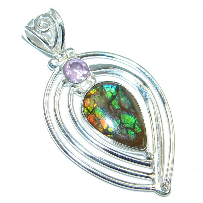 Natural Red Ammolite hammered Sterling Silver handmade Pendant