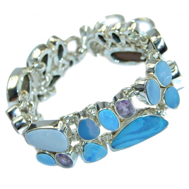 Genuine Australian Blue Fire Opal hammered Sterling Silver handmade Bracelet