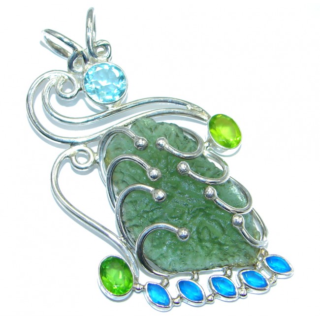 Unique design Green Moldavite Peridot Sterling Silver Pendant