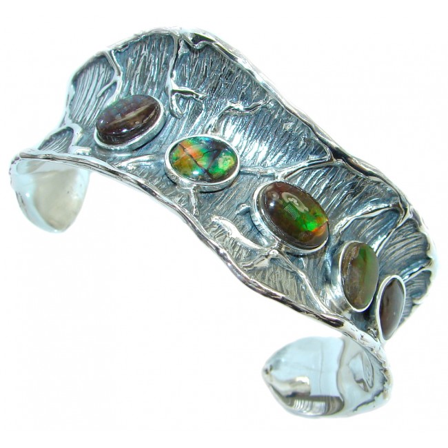 Natural AAA+ Canadian Ammolite from Aurora Ammolite Mine in Alberta Two Tones Sterling Silver handmade Bracelet