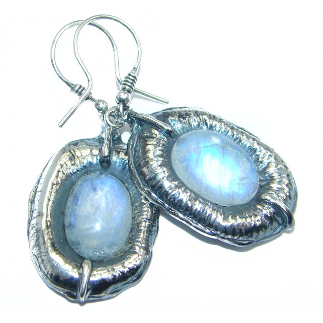 One of the kind Sublime Design White Moonstone Oxidized Sterling Silver earrings