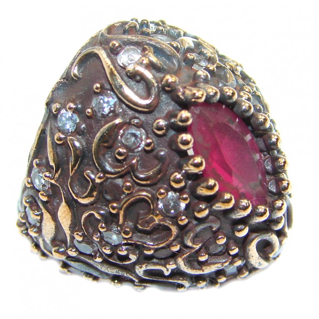 Large Victorian Style created Ruby & White Topaz Sterling Silver ring; s. 5 1/4