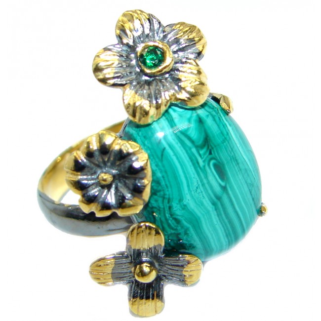 Green Genuine Malachite Gold Rhodium Plated over .925 Sterling Silver Ring s. 6 adjustable