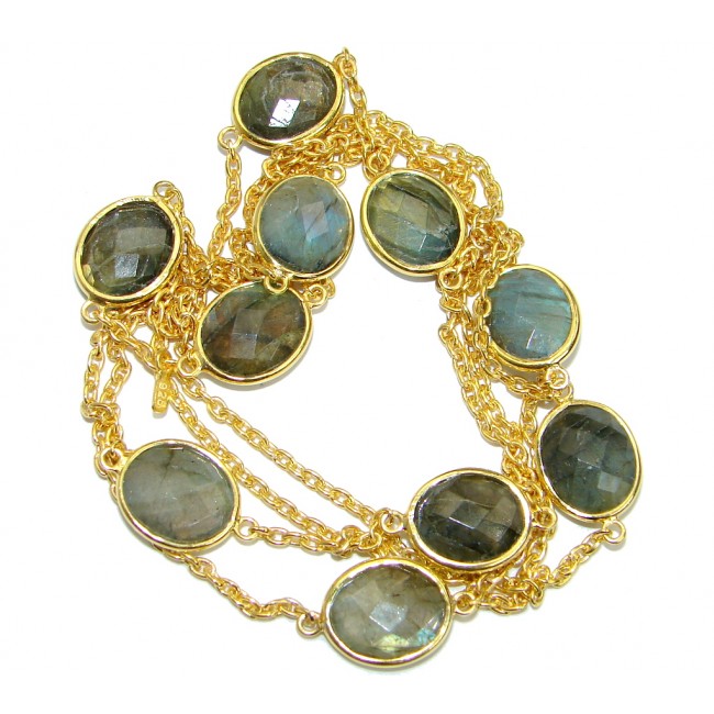 36 inches Genuine Fire Labradorite Gold over .925 Sterling Silver handmade Necklace