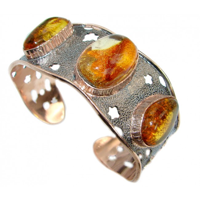 Beautiful Genuine Handcrafted Polish Amber Two Tones .925 Sterling Silver Bracelet / Cuff