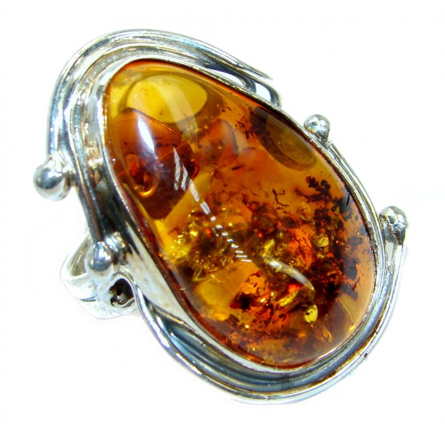 Genuine Baltic Polish Amber .925 Sterling Silver handmade Statment Ring size 8 adjustable