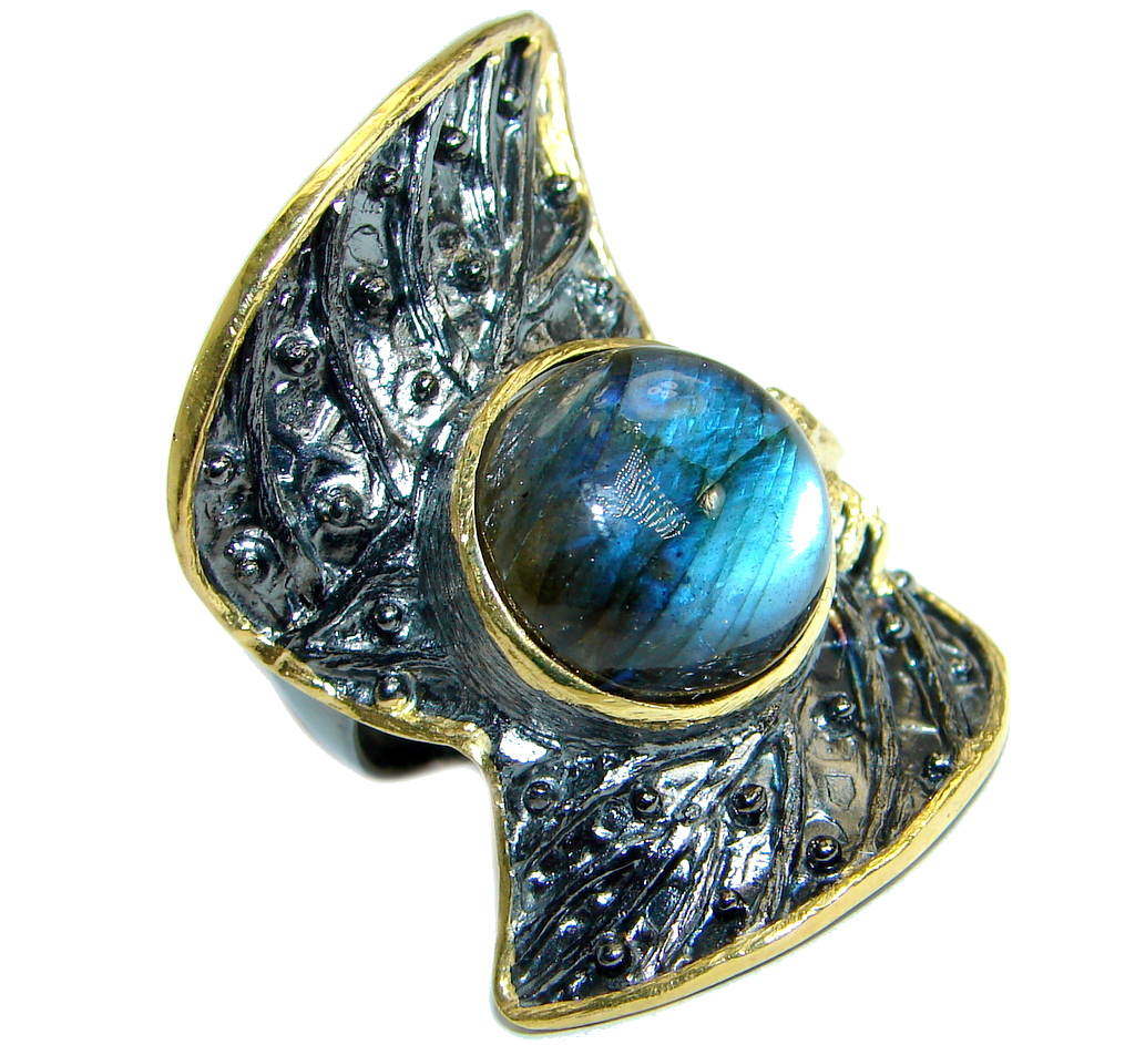 Huge Blue Fire Labradorite Gold over .925 Sterling Silver handmade ring ...