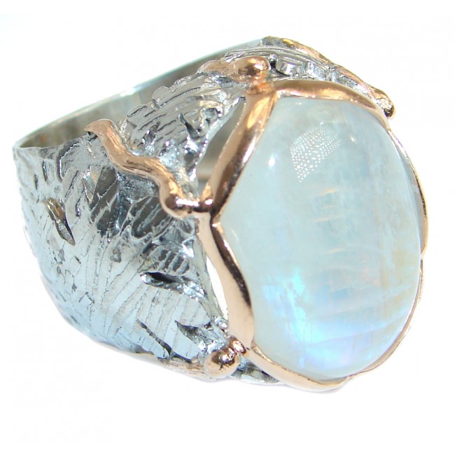 Great Fire Moonstone Oxidized Rose Gold over .925 Sterling Silver handmade ring size 9 1/2