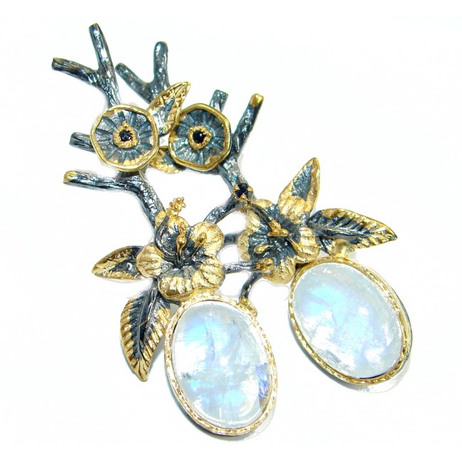 Floral Design White Moonstone Gold over .925 Sterling Silver stud earrings
