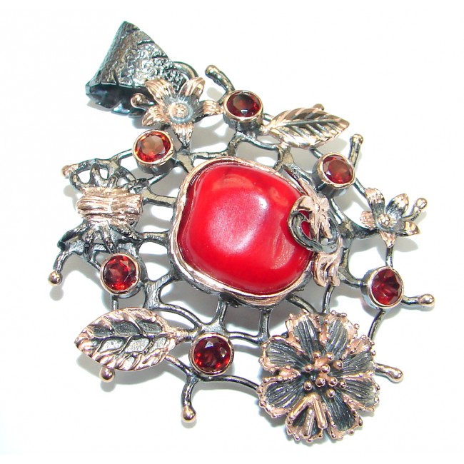 Authentic Red Fossilized Coral Garnet .925 Coral Sterling Silver handmade pendant