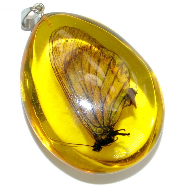 Large created Copal with genuine Butterfly Inclusion Sterling Silver Pendant