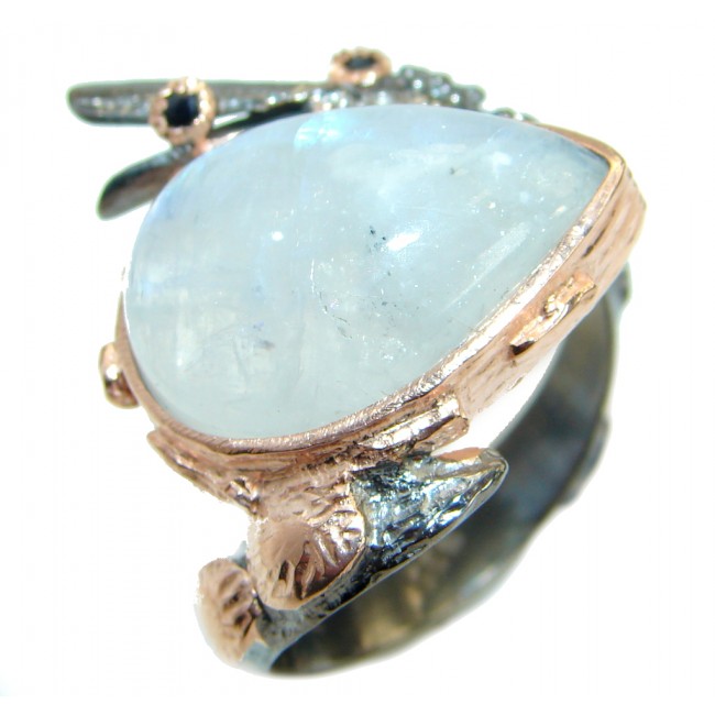 Fire Moonstone Rose Gold over oxidized .925 Sterling Silver handcrafted Cocktail ring size 9 1/4