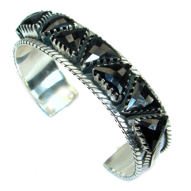 Huge Natural Black Onyx Oxidized Sterling Silver handcrafted Bracelet / Cuff