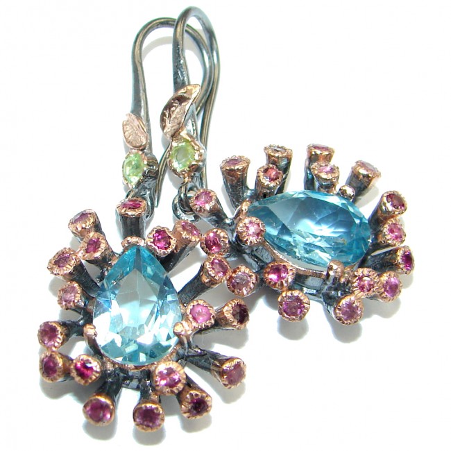 Authentic Swiss Blue Topaz Garnet Gold over .925 Sterling Silver handcrafted stud earrings