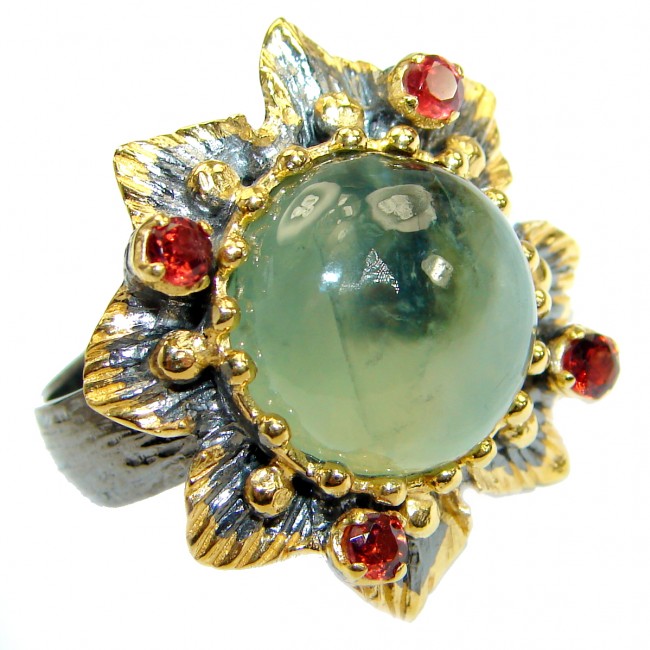 Supernova Green Moss Prehnite Gold Rhodium over .925Sterling Silver handcrafted ring; s. 7 adjustable
