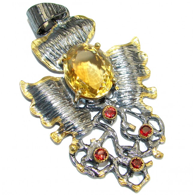 Vintage Design Genuine Citrine Gold Rhodium over .925 Sterling Silver handcrafted pendant