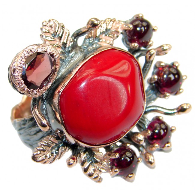 Natural Fossilized Coral two tones .925 Sterling Silver handmade ring s. 7
