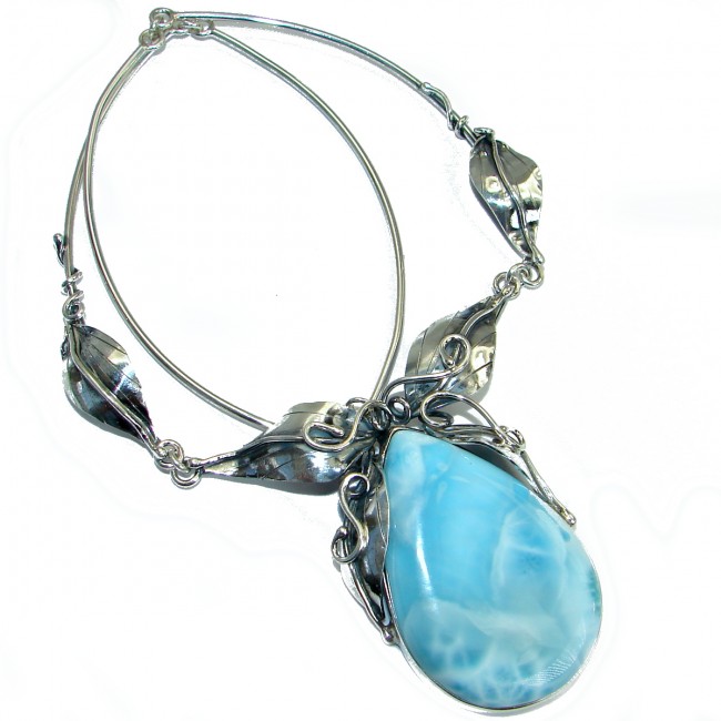Floral Design genuine Larimar oxidized .925 Sterling Silver handmade necklace