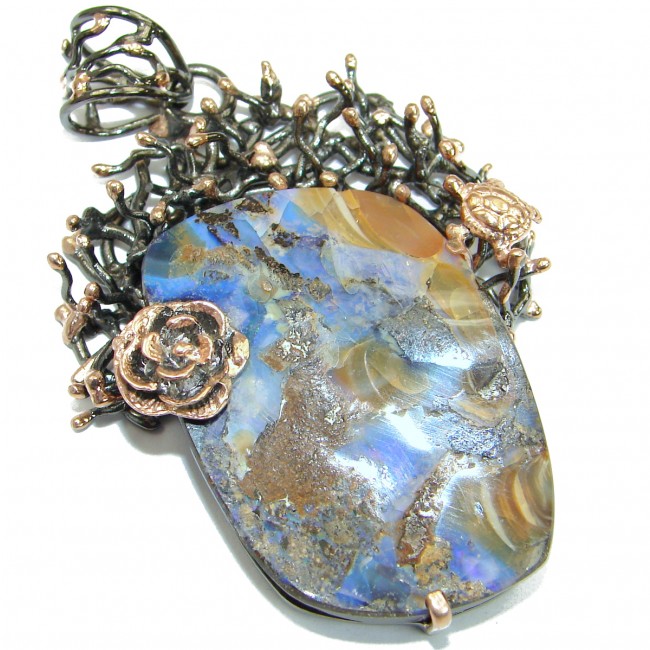 Huge Authentic Australian Boulder Opal Rose Gold over .925 Sterling Silver handmade Pendant