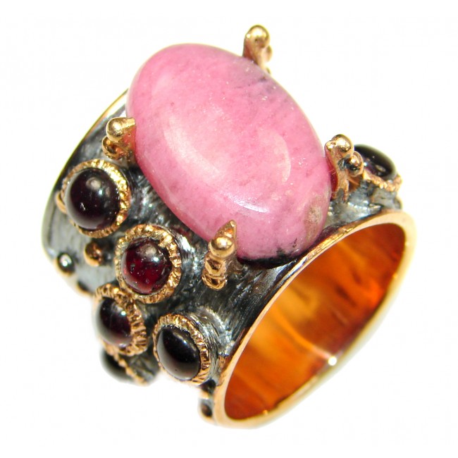 Big Authentic Rhodonite 14K Gold Rhodium over .925 Sterling Silver Ring s. 6