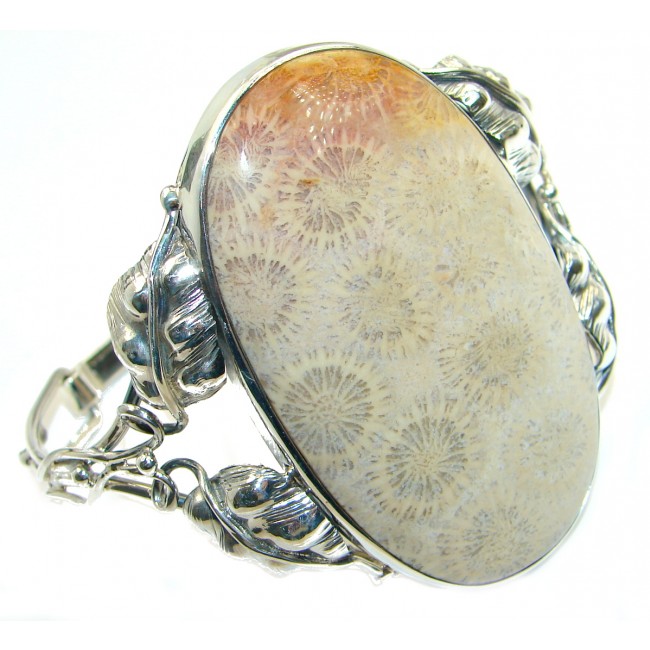 Chunky Genuine Fossilized Coral .925 over Sterling Silver handcrafted Bracelet / Cuff