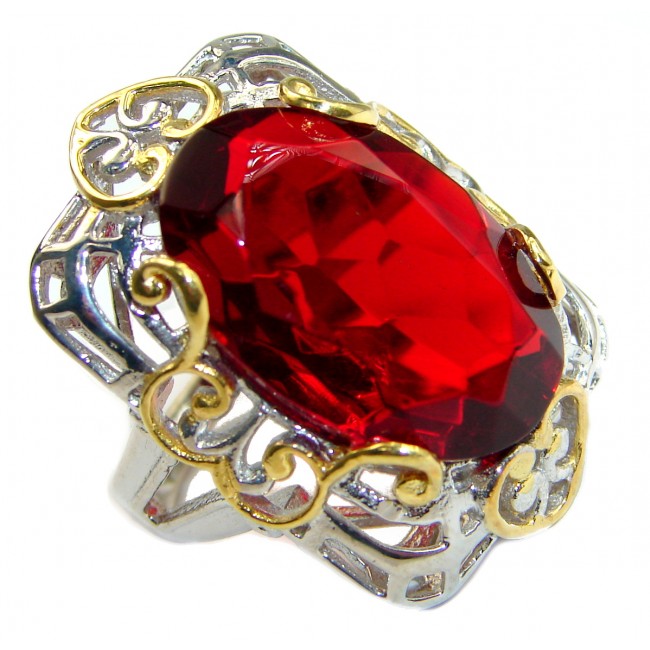 Ruby color Quartz Topaz two tones .925 Sterling Silver handcrafted Ring s. 6 1/4