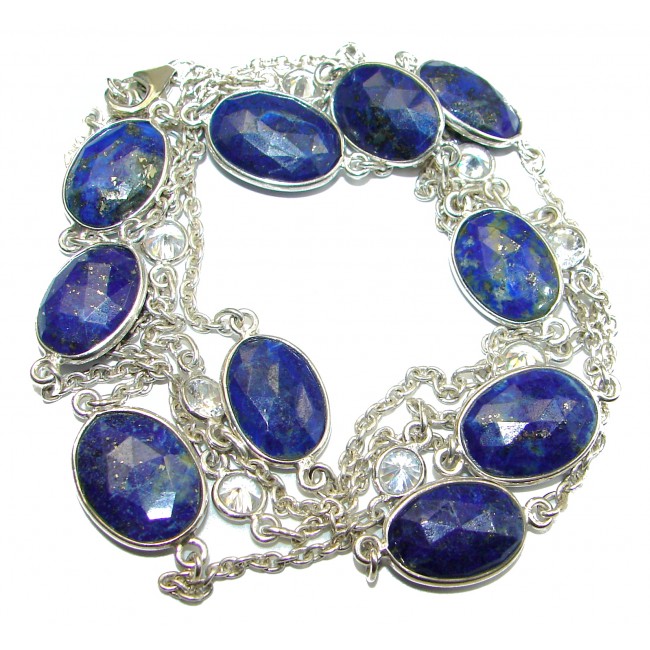 36 inches genuine Lapis Lazuli .925 Sterling Silver Station Necklace