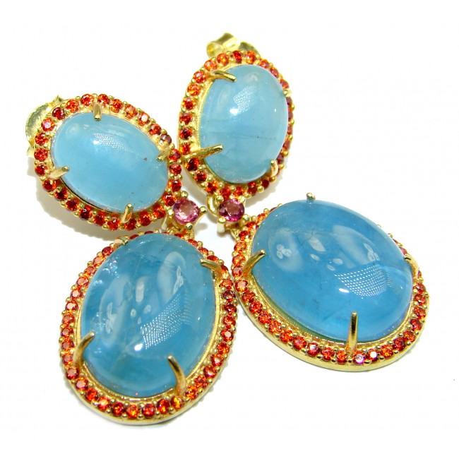 Fancy Style genuine Aquamarine Ruby .925 Sterling Silver handmade earrings