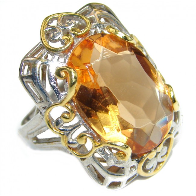 Golden Quartz two tones .925 Sterling Silver handcrafted Ring s. 7 1/2