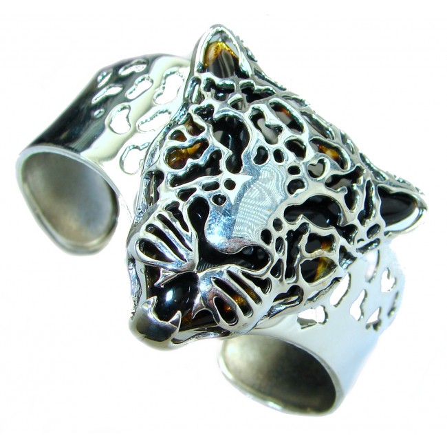 Huge Precious Cheetah Amber .925 Sterling Silver handmade Bracelet / Cuff