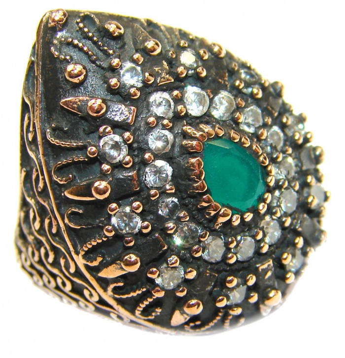 Victorian Style created Emerald & White Topaz Copper over Sterling Silver ring; s. 6