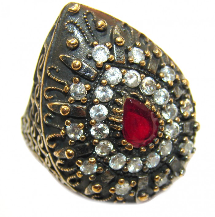 Large Victorian Style created Ruby & White Topaz Sterling Silver ring; s. 6