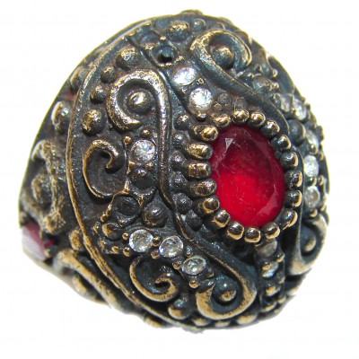 Large Victorian Style created Ruby & White Topaz Sterling Silver ring; s. 6 3/4