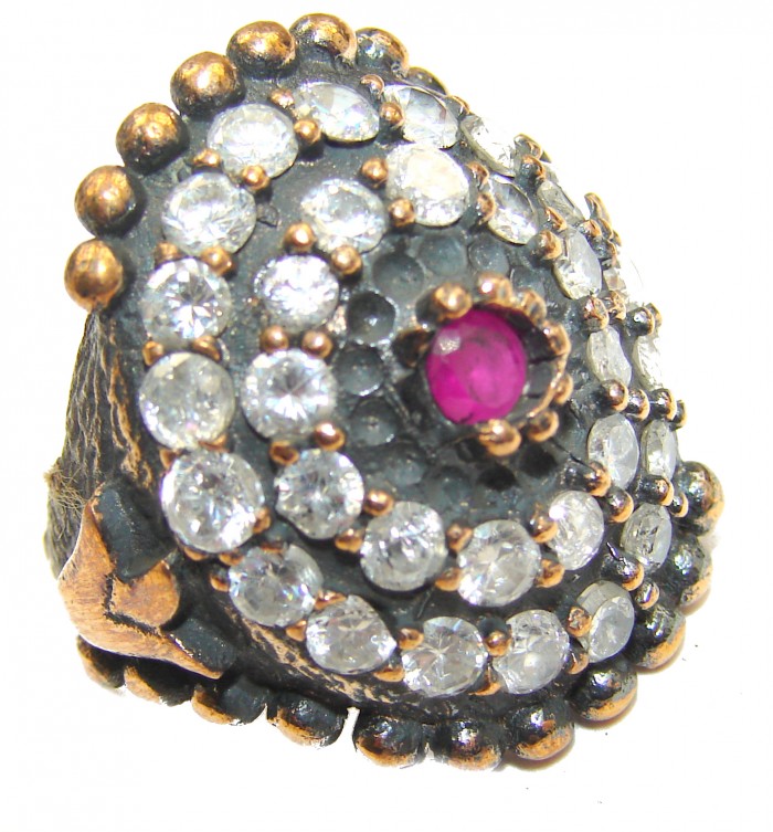 Large Victorian Style created Ruby & White Topaz Sterling Silver ring; s. 6