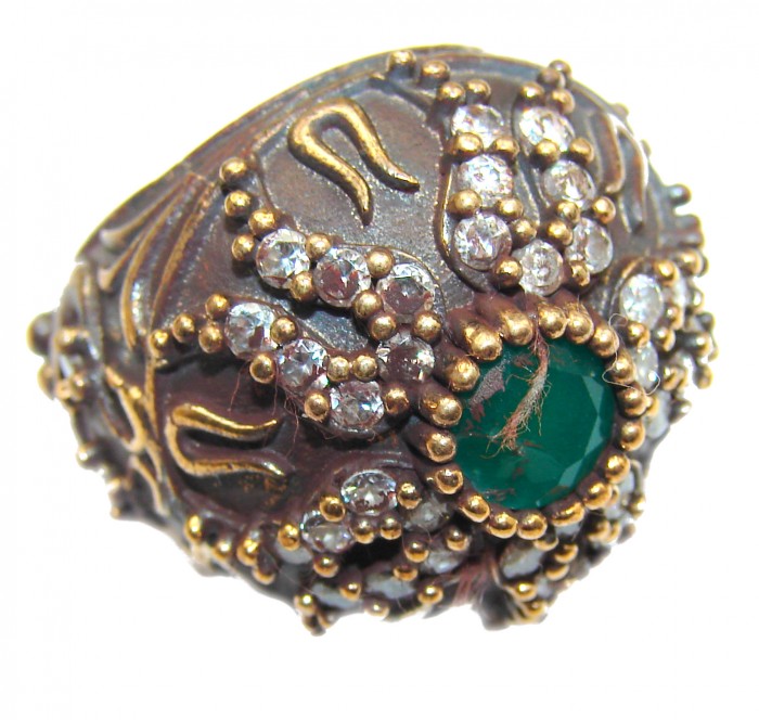 Victorian Style created Emerald & White Topaz Sterling Silver Ring s. 6