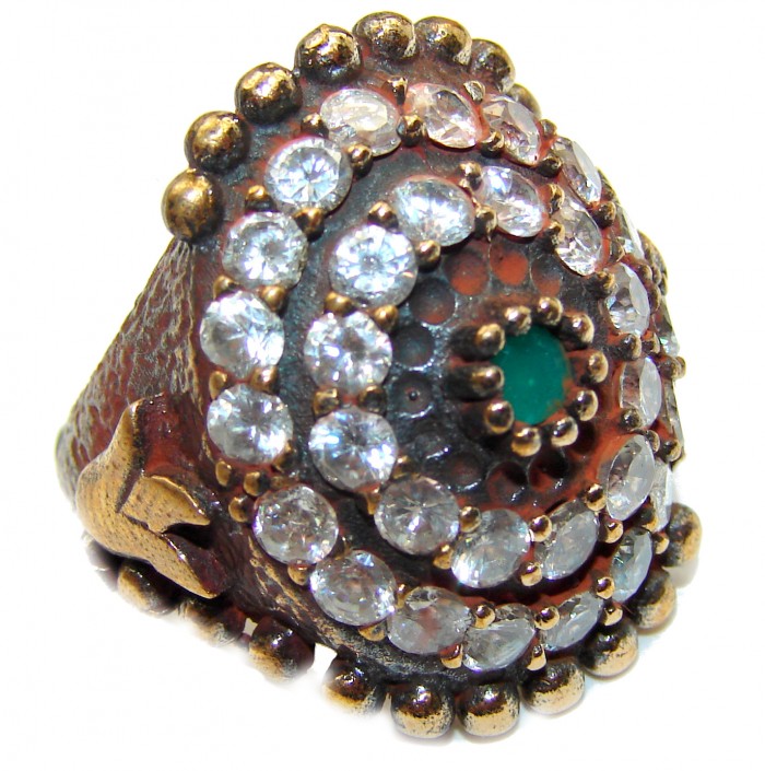 Victorian Style created Emerald & White Topaz Sterling Silver Ring s. 6