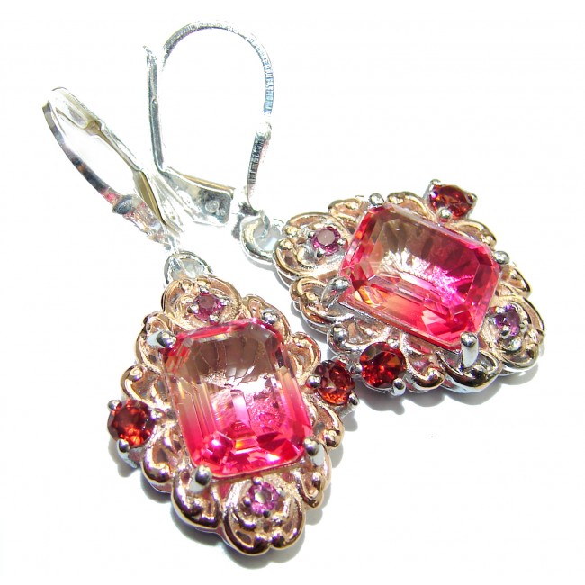 Pink Tourmaline color Topaz 14K Gold over .925 Sterling Silver entirely handmade earrings