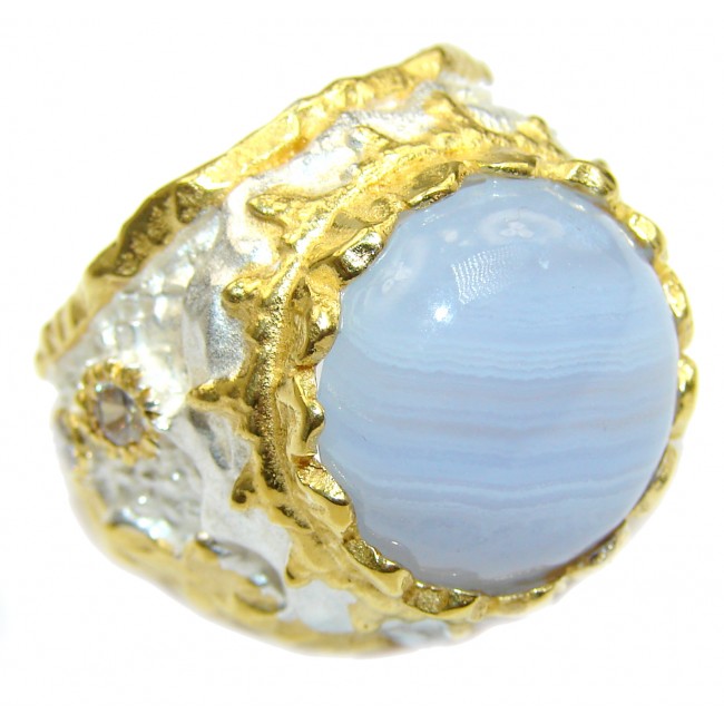 Blue Chalcedony Agate 14K Gold over .925 Sterling Silver handcrafted Ring s. 8