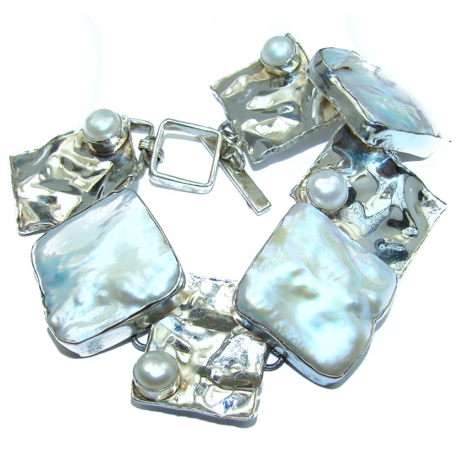 Pale Beauty Mother Of Pearl .925 Hammered handcrafted Sterling Silver Bracelet