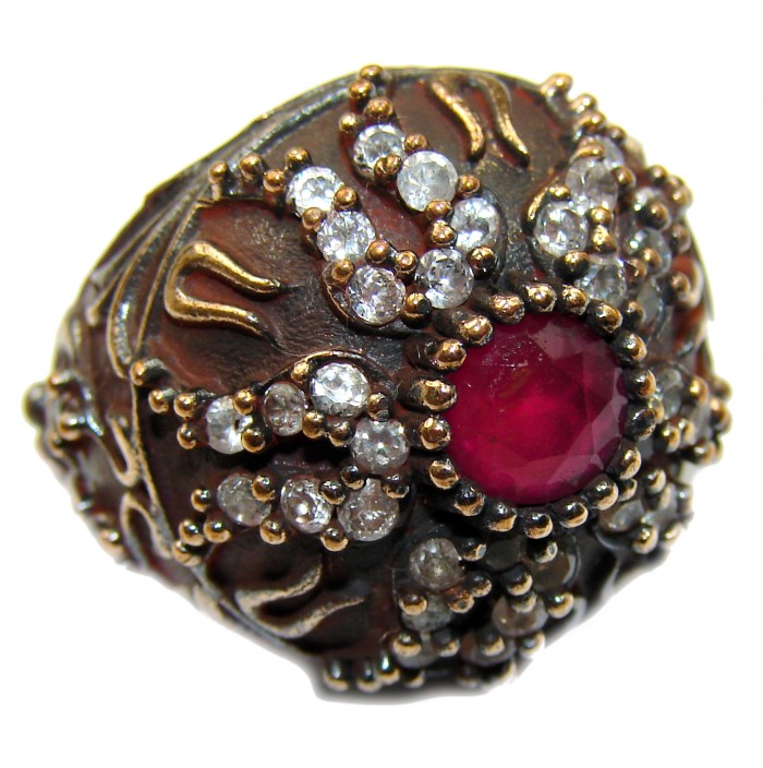 Large Victorian Style created Ruby & White Topaz Sterling Silver ring; s. 6 1/4