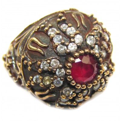 Large Victorian Style created Ruby & White Topaz Sterling Silver ring; s. 5 1/2