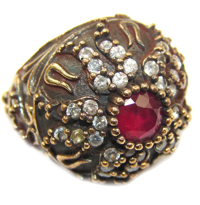 Large Victorian Style created Ruby & White Topaz Sterling Silver ring; s. 5 1/2