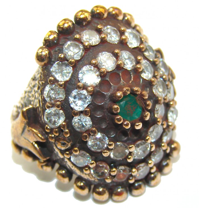 Victorian Style created Emerald & White Topaz Sterling Silver Ring s. 6