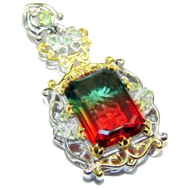 Deluxe emerald cut Tourmaline color Topaz 18K Gold over .925 Sterling Silver handmade Pendant
