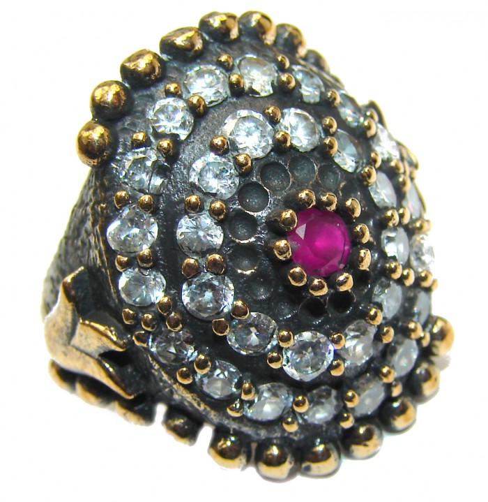 Large Victorian Style created Ruby & White Topaz Sterling Silver ring; s. 6 1/4