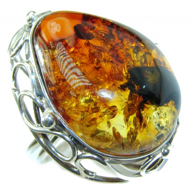 MASSIVE Genuine Butterscotch Baltic Polish Amber .925 Sterling Silver handmade Ring size 7 adjustable