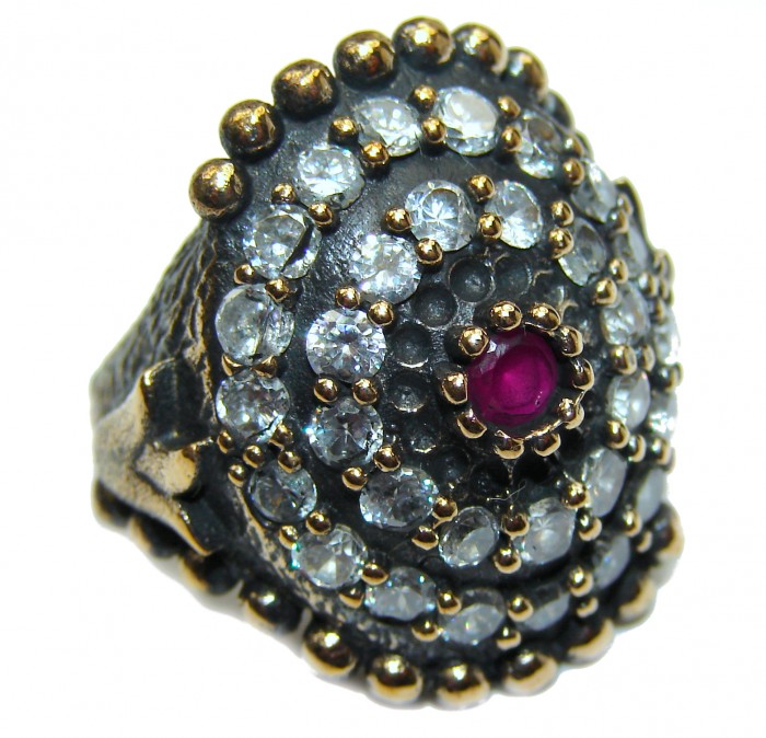 Large Victorian Style created Ruby & White Topaz Sterling Silver ring; s. 6