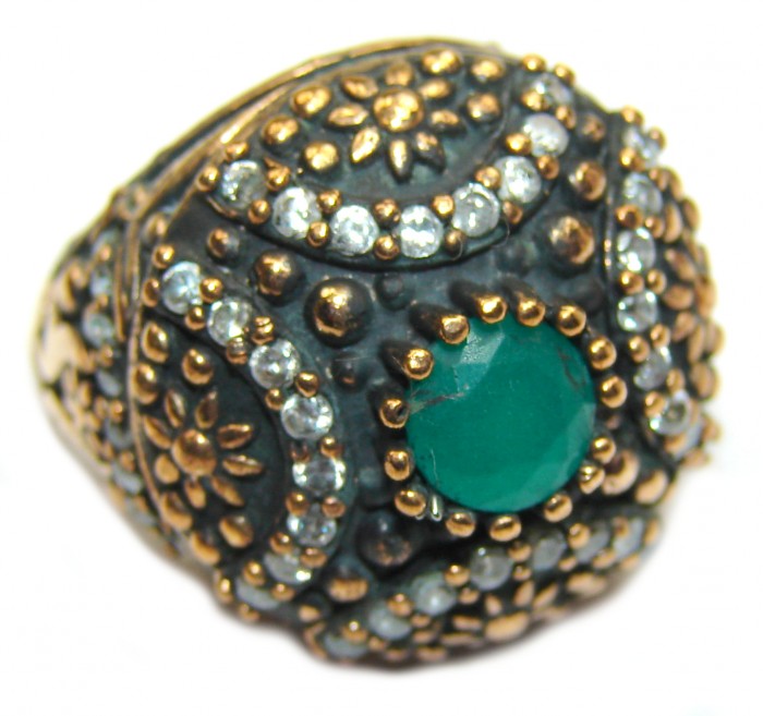 Victorian Style created Emerald & White Topaz Sterling Silver Ring s. 6 1/4